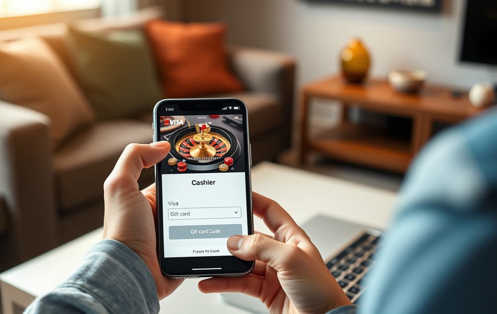 Person som holder et Visa-debetkort og en mobiltelefon med casinoets innskuddsvindu synlig.